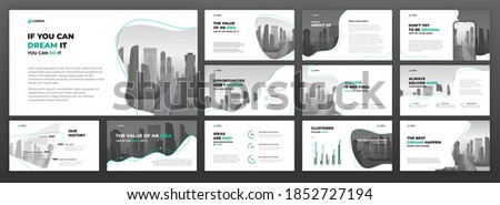 Business powerpoint presentation templates set. Keynote presentation background, brochure cover design, brand guidelines, pitch deck, landing page, annual report, company profile, social media banner.