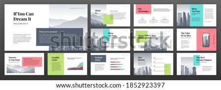 Modern powerpoint presentation templates set. Creative keynote presentation background, brochure cover design, brand guidelines, pitch deck, annual report, company profile, social media banner.