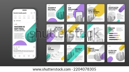 Social media post templates set with cityscape vector illustration on background. Instagram square posts layouts for personal blog.