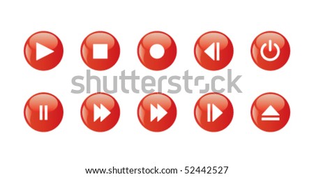 Media player icons - red rounded buttons. Set of ten signs.