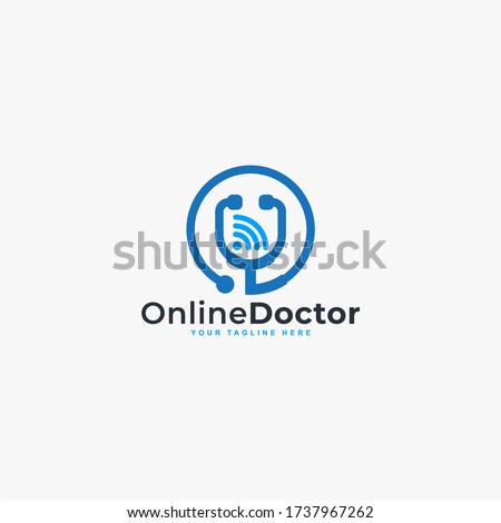 Doctor online virtual services logo design vector. Consultation to doctors via digital remote illustration symbol. Tele medicine service vector logo. Stethoscope and signal vector icons.