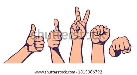 Hand gesture set. Sign of Like, Yes, Victory, Peace, Freedom, Fight. Concept for political, social poster. Vector illustration.