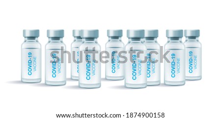 COVID-19 Vaccine. Medical vial for injection isolated on white background. Concept for medicine and healthcare, vaccination and fight against coronavirus. Vector Illustration.