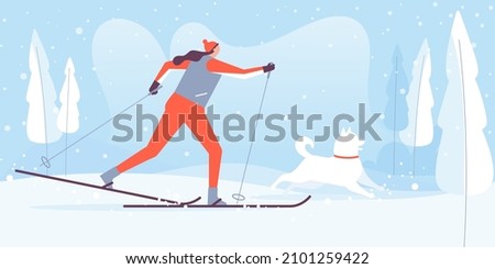 A young woman is a cross country skier and training her dog. Sport and outdoor activity concept. Vector illustration.