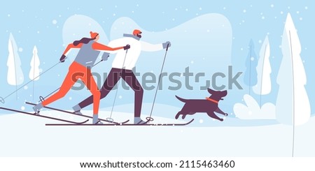 A man and a woman are cross country skiers and training with their dog. Skiing sport, outdoor activity and pets concept. Vector illustration.