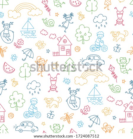 Happy children in summer park. Funny small kids play, run and jump. Color seamless pattern in childish doodle style. Hand drawn vector illustration on white background