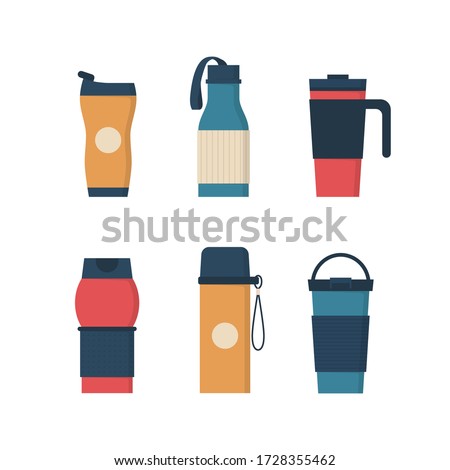 Tumblers with cover, travel thermo mugs, reusable cups for hot drinks. Different designs of thermos for take away coffee. Set of isolated vector illustrations in flat style on white background