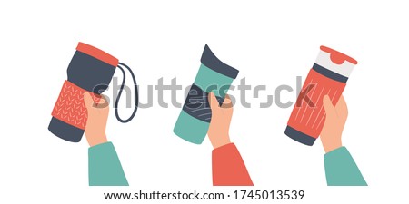 Hands holding tumblers. Thermo cup or reusable cups with cover for take away hot coffee or tea. Hand drawn isolated vector illustration on white background