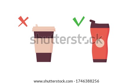 Reusable tumbler vs disposable cup. Takeaway coffee mug on zero waste poster. Vector illustration in flat style on white background.