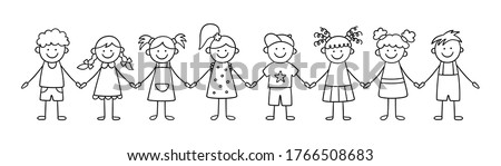 Group of funny kids holding hands. Friendship concept. Happy cute doodle children. Isolated vector illustration in hand drawn style on white background