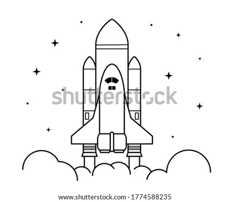 Space rocket launch. Technology spaceship, science and shuttle. Symbol of successful start. Vector illustration in linear style. Isolated on white background