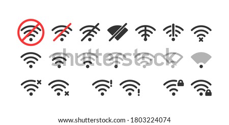 Wireless icon set. No wifi. Different levels of Wi Fi signal. Vector illustration on white background