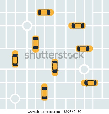 City map with taxi cars for smart mobile app. Top view. Vector illustration in flat style