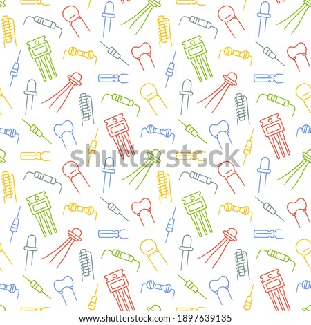 Seamless pattern from electrical components. Diode, transistor capacitor, resistor and inductor. Hand drawn vector illustration on white background