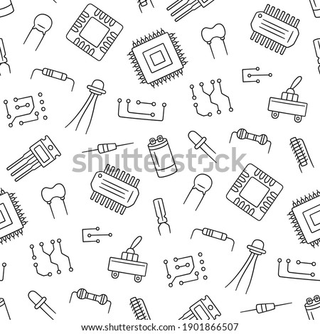 Seamless pattern from electrical components. Microchip, diode, transistor capacitor, resistor. Computer parts. Hand drawn vector illustration on white background