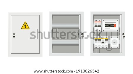 Electrical power switch panel with open and close door. Fuse box. Isolated vector illustration in flat style on white background ストックフォト © 