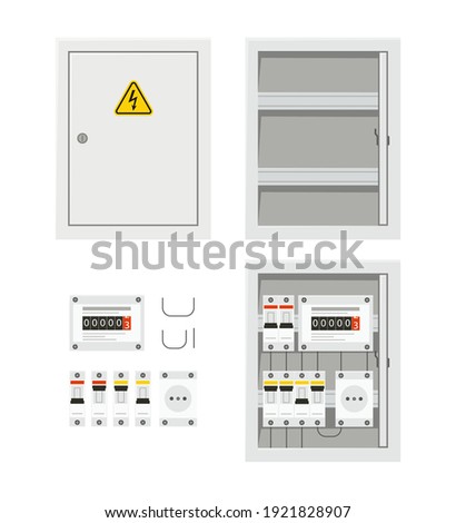 Electrical power switch panel with open and close door. Fuse box. Isolated vector illustration in flat style on white background
