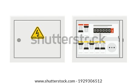 Electrical power switch panel with open and close door. Fuse box. Isolated vector illustration in flat style on white background