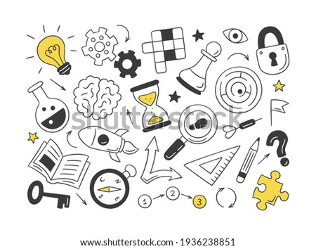 Puzzle and riddles. Set of isolated hand drawn objects. Crossword puzzle, Maze, Brain, Chess piece, Light bulb, labyrinth, gear, lock and key. Vector illustration in doodle style on white background