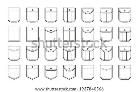 Set of patch pocket icons for shirts and other clothing. Isolated line vector illustration on white background