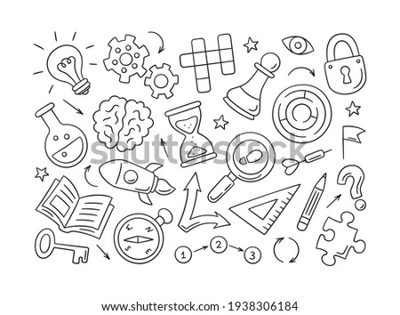Puzzle and riddles. Set of isolated hand drawn objects. Crossword puzzle, Maze, Brain, Chess piece, Light bulb, labyrinth, gear, lock and key. Vector illustration in doodle style on white background