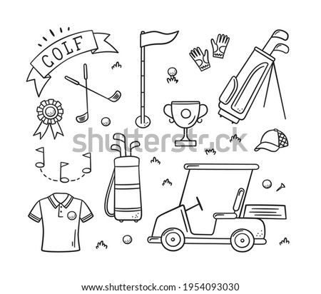 Golf equipment - club, ball, flag, bag and golf cart in doodle style. Golf Wear. Hand drawn vector illustration on white background