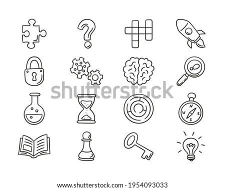 Puzzle and riddles. Set of isolated hand drawn icons. Crossword puzzle, Maze, Brain, Chess piece, Light bulb, labyrinth, gear, lock and key. Vector illustration in doodle style on white background