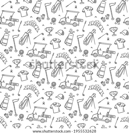 Golf seamless pattern - club, ball, flag, bag and golf cart in doodle style. Hand drawn vector illustration on white background