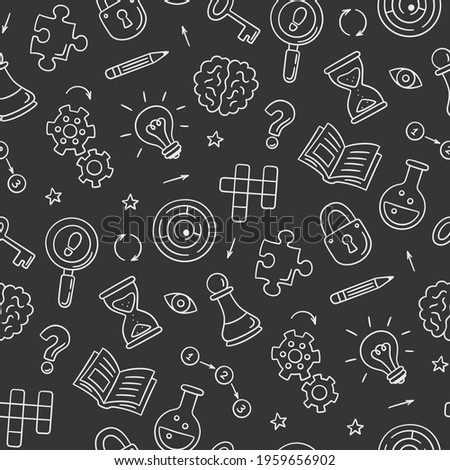 Puzzle and riddles. Hand drawn seamless pattern with crossword puzzle, maze, brain, chess piece, light bulb, labyrinth, gear, lock and key. Vector illustration in doodle style on chalkboard background