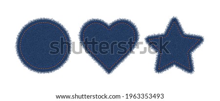 Denim circle, heart and star shapes with stitches. Torn jean patch with seam. Vector realistic illustration on white background.