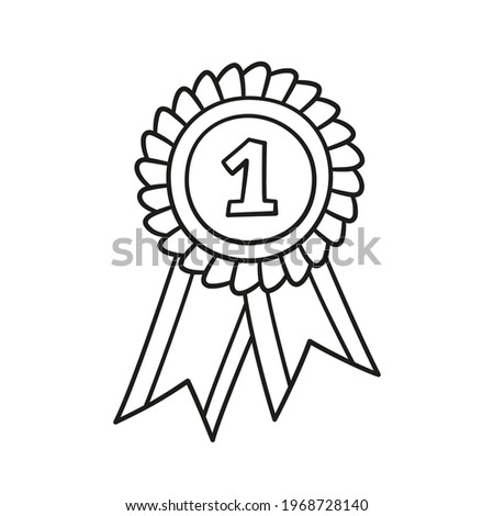 Award rosette doodle icon. Hand drawn medal with first place as winner concept. Vector sketch illustration on white background.