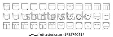 Set of patch pocket icons for pants, t-shirts and other clothing. Isolated linear vector illustration on white background.