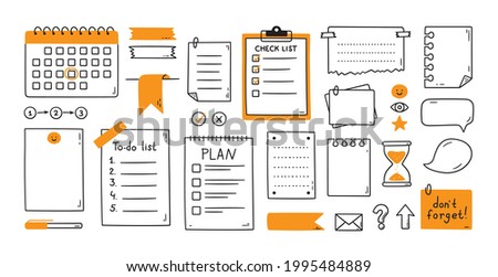 Hand drawn memo paper sheets, sticky note, reminder, to do list, calendar. Bullet journal elements in doodle style. Vector illustration in white background.