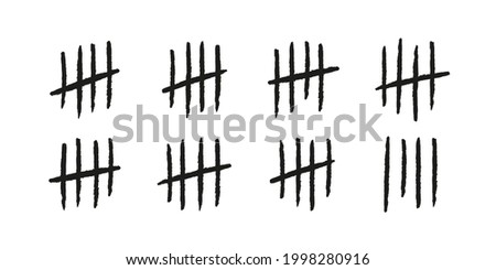 Tally marks. Hand drawn lines or sticks sorted by four and crossed out. Simple mathematical count visualization, prison or jail wall counter. Vector illustration isolated on white background.