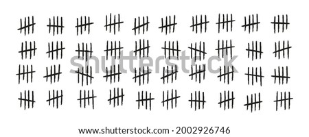 Tally marks. Hand drawn lines or sticks sorted by four and crossed out. Simple mathematical count visualization, prison or jail wall counter. Vector illustration isolated on white background.