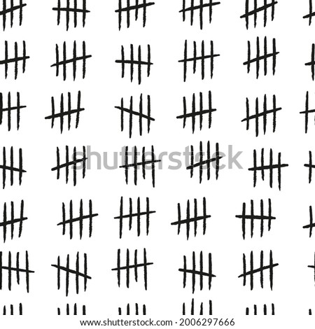 Tally marks seamless pattern. Hand drawn lines or sticks sorted by four and crossed out. Simple mathematical count visualization, prison or jail wall counter. Vector illustration on white background.