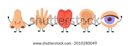 Five human senses organs kawaii characters set. Nose, ear, hand, tongue and eye hold hands. Cute sensory organs. See, hear, feel, smell and taste. Vector illustrations isolated on white background. Сток-фото © 