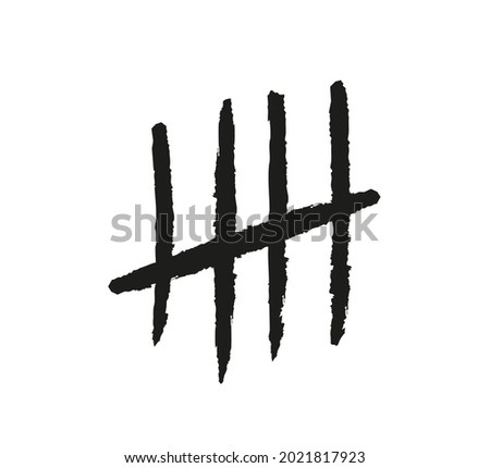 Tally mark. Number 5. Hand drawn lines or sticks sorted by four and crossed out. Simple mathematical count visualization, prison or jail wall counter. Vector illustration isolated on white background.