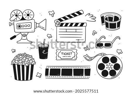 Hand drawn cinema set with movie camera, clapper board, cinema reel and tape, popcorn in striped box, film ticket and 3d glasses. Vector illustration isolated in doodle style on white background.