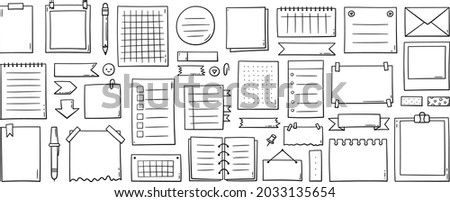 Hand drawn memo paper sheets, sticky note, reminder, to do list, sticky tape and arrows. Bullet journal elements in doodle style. Vector illustration in white background.