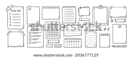 Hand drawn memo paper sheets, sticky note, reminder, to do list, sticky tape and pins. Bullet journal elements in doodle style. Vector illustration in white background.