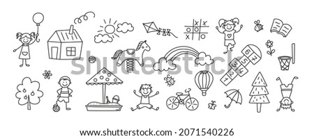 Funny kids and children playground. Swing, slide, teeter and sandbox in doodle style. Kid drawing of house, rainbow,tree. Hand drawn vector illustration on white background. Editable stroke.