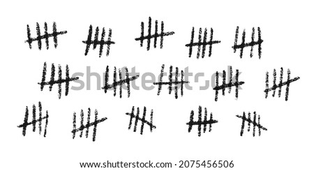 Tally marks. Hand drawn lines or sticks sorted by four and crossed out. Simple mathematical count visualization, prison or jail wall counter. Vector illustration isolated on white background.