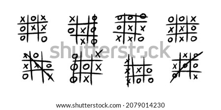 Hand drawn tic tac toe game. X-O children game. Play a tictactoe draw. Noughts and win. Vector illustration in doodle style on white background.