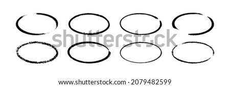 Ink oval frame. Grunge empty black boxes set. Ellipse borders collections. Rubber stamp imprint. Hand drawn vector illustration isolated on white background.