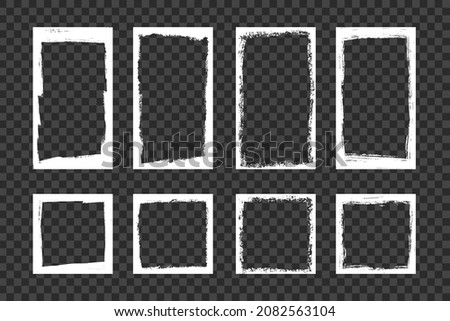 White grunge frames for stories, posts and social network media. Template with brush stroke. Rectangular and square border with grunge. Set of vector illustrations isolated on transparent background.