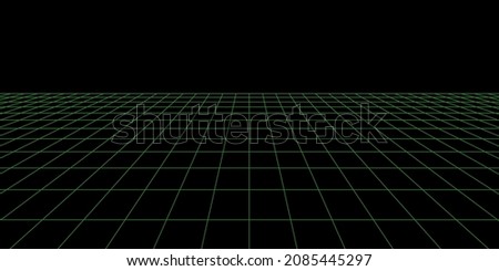 3d wireframe grid room. 3d perspective laser grid. Cyberspace black background with green mesh. Futuristic digital wall in virtual reality. Vector illustration.