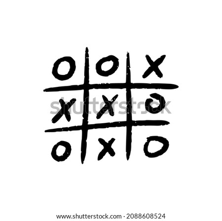 Hand drawn tic tac toe game. X-O children game. Play a tictactoe draw. Vector illustration in doodle style on white background.