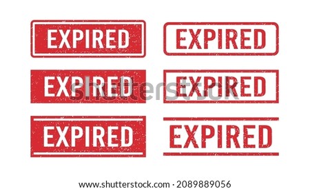 Red grunge expired rubber stamps. Expiration date stamps. Grunge vintage square labels. Set of vector illustrations isolated on white background.