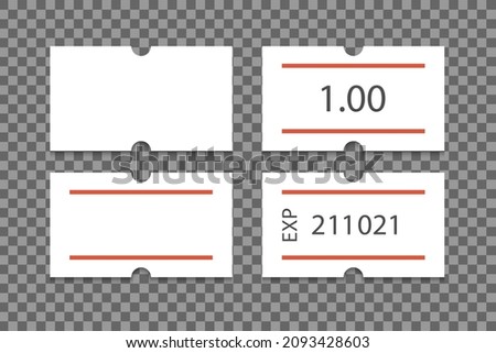Self-adhesive paper price tag with two red stripes. Blank price label. White sticker to indicate the expiration date. Vector illustration isolated on transparent background.